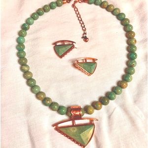 Vintage Green Turquoise & Brass necklace, pendant and earrings by DR China